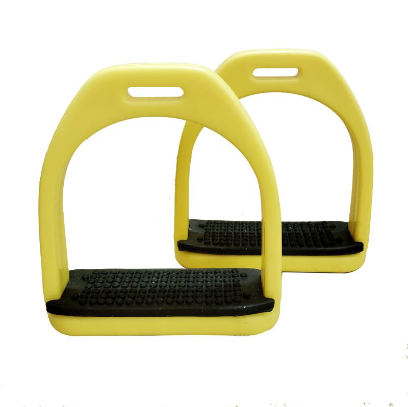 Yellow Plastic Polymer Composite Horse Stirrups Light Weight Black Rubber Mat