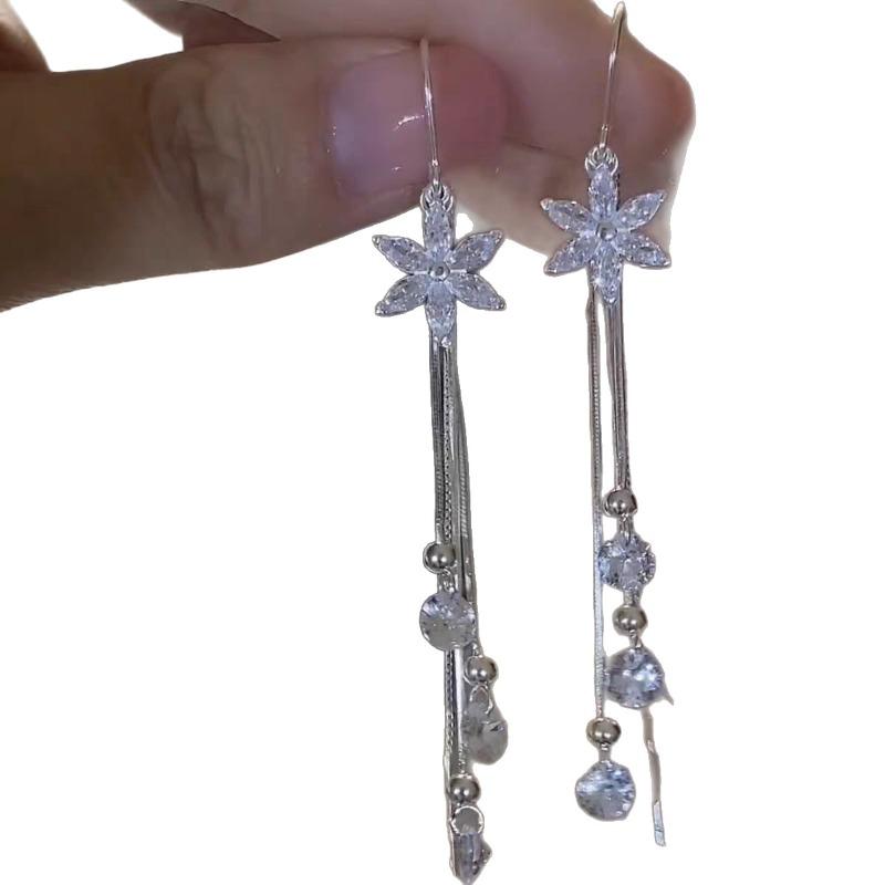 Long Pearl Threader Earrings for Women Gold Silver Flower Cubic Zirconia Dangle Earrings Tassel Chain Earrings Bride Bridesmaid Wedding Prom Jewelry