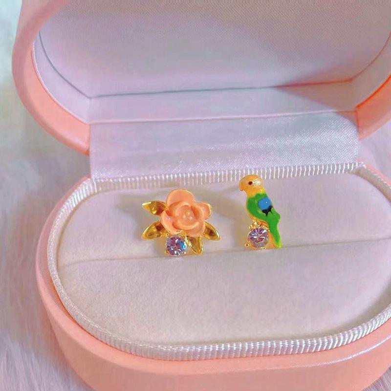 Серебряная Игла Цветная Птица Цветок Изысканные Маленькие Серьги Женские Легкая Роскошь Мода Универсальный Стиль Серьги-Гвоздики Темперамент Трендовые