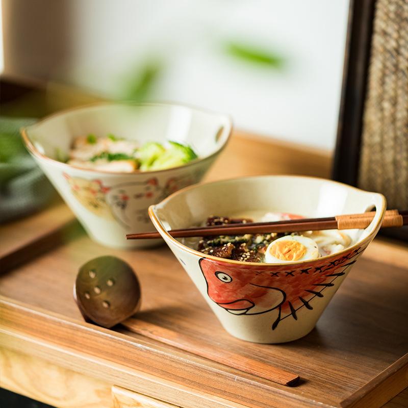 Japanese Ramen Bowl with Holes Household Cat Ceramic Large Speaker Commercial Bamboo Hat Bowl Tableware