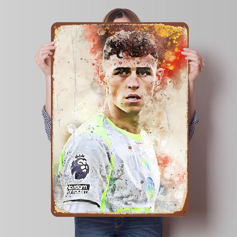 Phil Foden Watercolor Portrait Tinplate Poster Customized Wall Art Vintage Metal Signs Retro Tin Plaque for Decoration Garage
