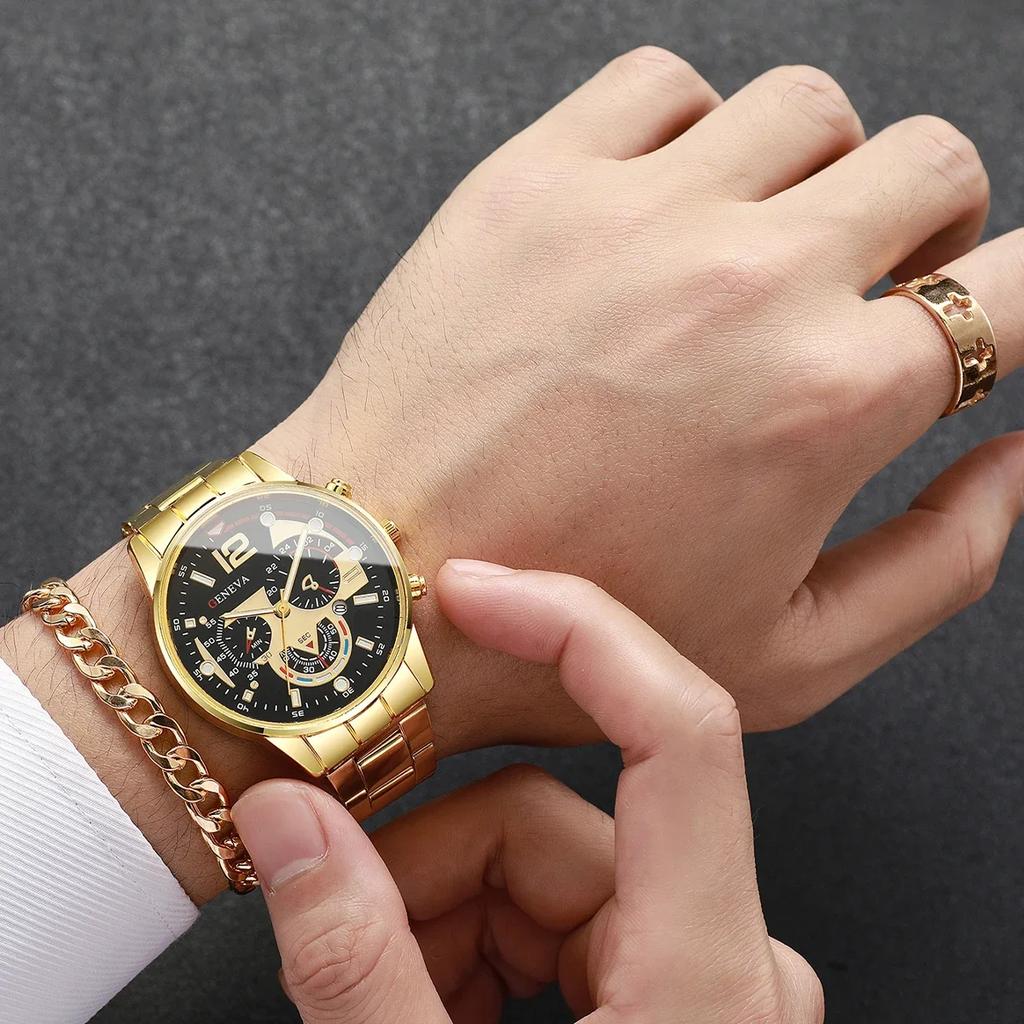 4PCS Trendy Hip-hop Men's Business Watch Bracelet Ring Set, Analog Mechanical Watch Quartz Watch Men's Clock (no Box)