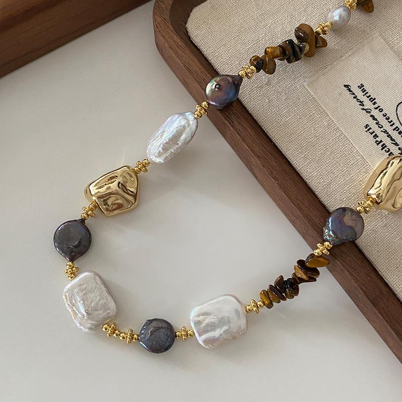 Baroque Pearl Necklace Summer Does Not Fade Tiger'S Eye Stone Neck Chain High Quality Accessories Ethnic Style Sweater Chain Women