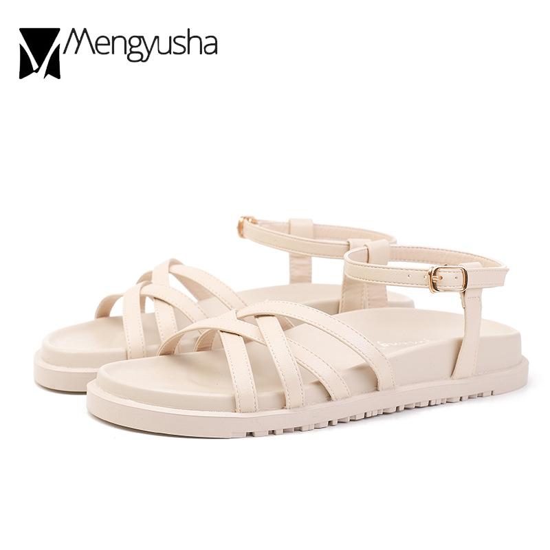 Модные летние сандалии с перекрестными ремешками, женские гладиаторские туфли, студенческие сандалии на платформе-маффине, женские шлепанцы с ремешком на пряжке, кожаные сандалии