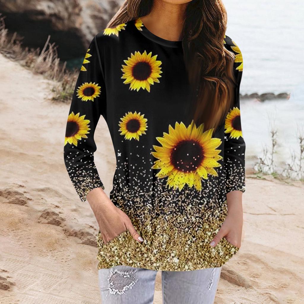 Women's Fashion Casual Round Neck Print 3/4 Sleeve Pocket T-Shirt Top
