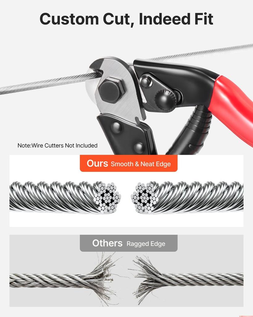 3.2 mm Wire Rope Kit, 12.2 m Length, 316 Stainless Steel Wire Cable, 7.1 kN Breaking Strength, 7 x 7 Strands Construction, Steel Cable for Deck