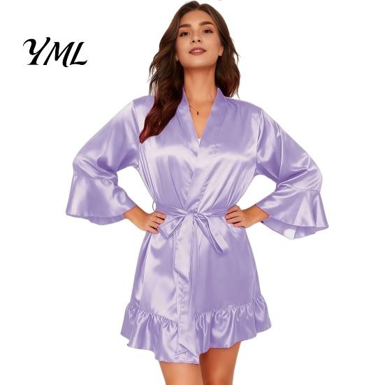 Comfortable Home Wear Women Silk Nightgown with Ruffle Hem, Sexy Long Sleeves V Loose Night Dress Neck Satin Nightshirt, Short Nightdress Sleepwear