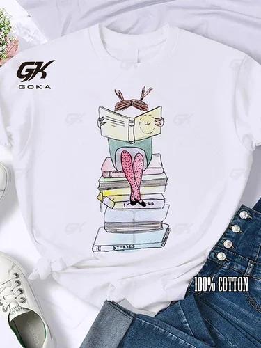 Кофе Книги Коричневые Книги Американский Ретро Хлопковая Футболка Женская Футболка с Круглым Вырезом и Рукавом Три Четверти Принтованные Топы Женские Футболки Оверсайз