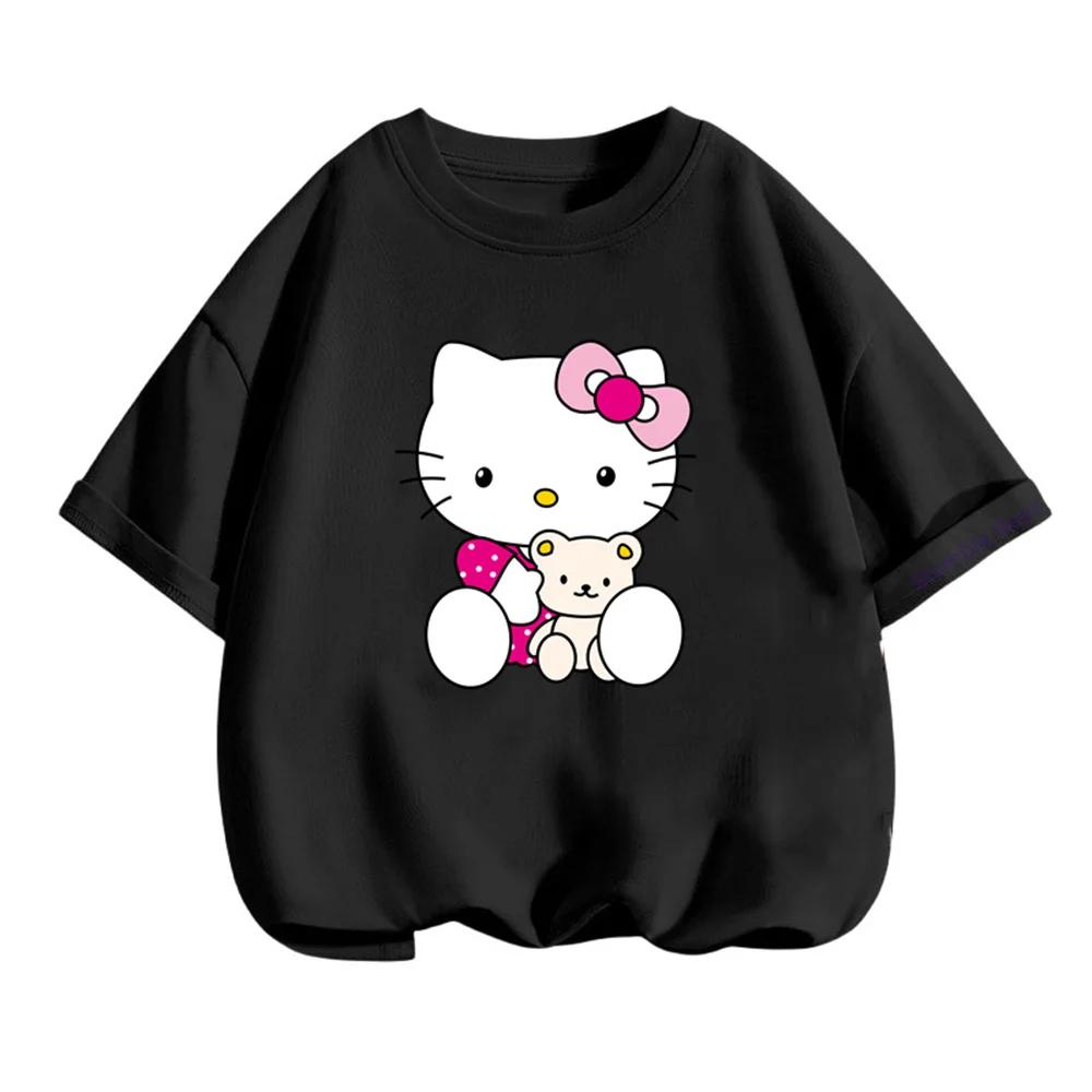 Летняя детская футболка Sanrio с коротким рукавом для мальчиков и девочек, модная, Hello Kitty