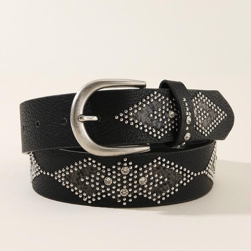 Womens Punk Belt 2026 American Vintage Snake Studded Pearl Rhinestone PU Leather Waistband