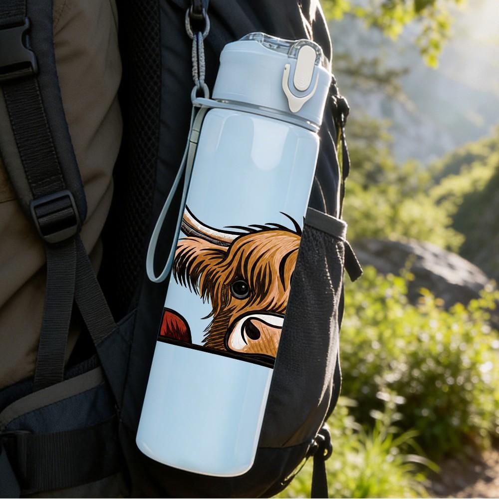 1PC Highland Cow Horned Animal Pattern 750ml Color Plastic Sports Water Bottle Leakproof Flip Straw Lid Suitable for Sports Office Home Use