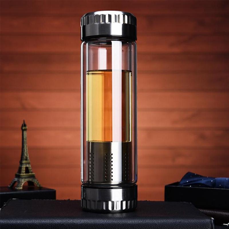 Бутылка для заварки чая BORREY для воды, стеклянная бутылка с двойными стенками, бутылка для воды, отдельная бутылка для воды и напитков, 2 крышки, 1 фильтр