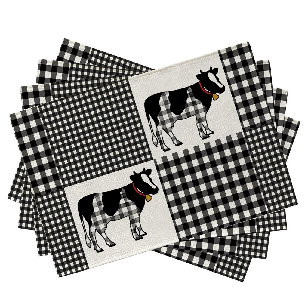 Chicken Hen Placemats Set of 4, Eggs Buffalo Plaid Polka Dots Farm Dining Table Place Mats, Spring Farmhouse Rustic Kitchen Decor Home Decorati