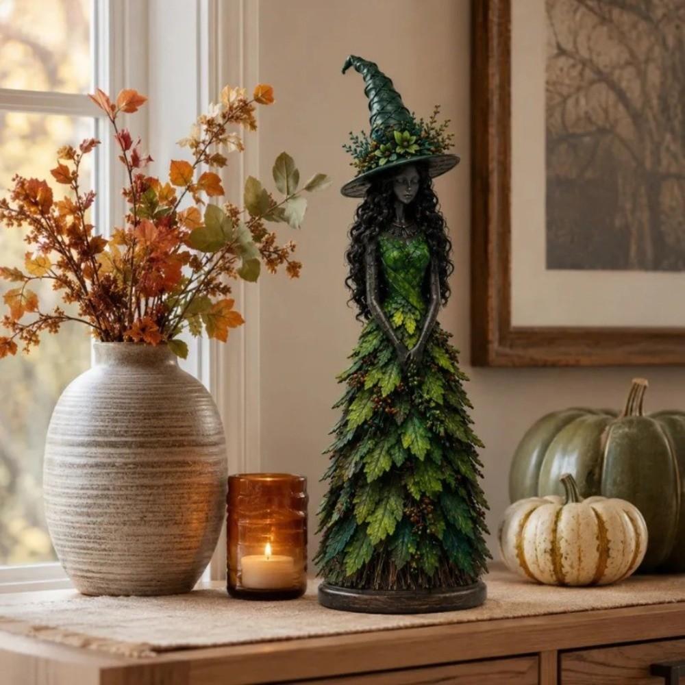 Leaf Gown Autumn Witch Figurine Rustic Forest Witch Table Decor Thanksgiving