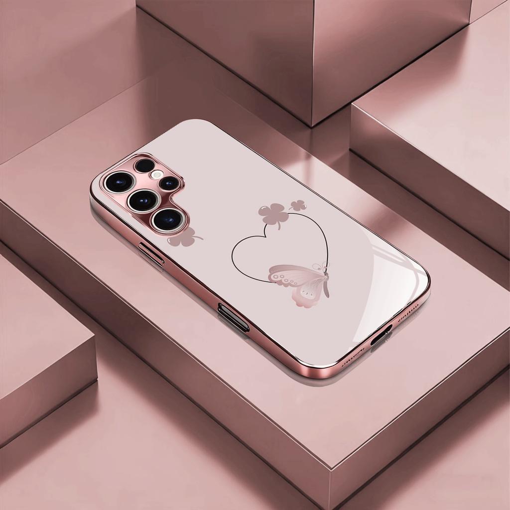 Simple heart-shaped pattern pink electroplated Glass Phone Casesuitable for Samsung S26 S25 S24 S23 S22 S21 S20and other models
