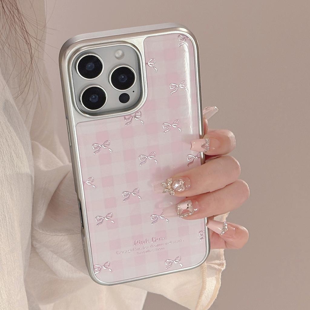 Позолоченный Золотой Подходит для Чехла на Мобильный Телефон Apple 17promax Iphone16 Розовый Клетчатый Бант 13 Гальванизированный Высококачественный Чехол для Мобильного Телефона