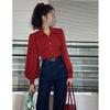 Red Short Waisted Chiffon Women's Shirt Lapel Lantern Sleeved Single Breasted Blouses French Retro Floral Button Up Tops