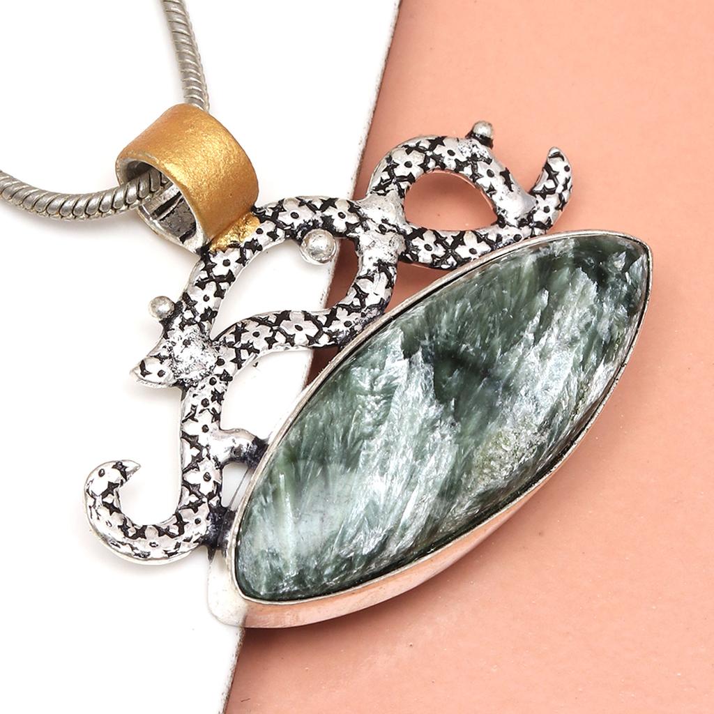 Seraphinite Gemstone Mother's Day Handmade Silver Jewelry Pendant  1.5"