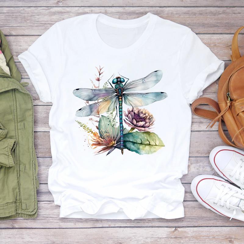 (Asian Size) Tee Top Dragonfly Lovely Trend Clothing Casual Short Sleeve Fashion Tshirt Women Print Lady Female Graphic T-shirt