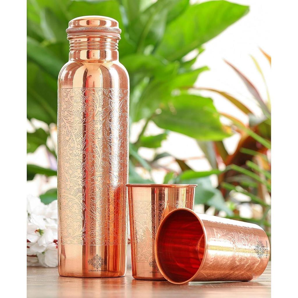 Copper Drinkware Gift Set – Embossed Design with 1 Bottle (900 ML) & 2 Glasses (300 ML) in a Blue Box – Gifting Item for Diwali, and Festive Occasions