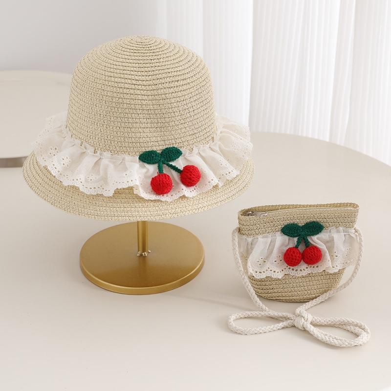 New children's hat summer cherry bag princess hat baby girl straw hat sun protection hat sun hat