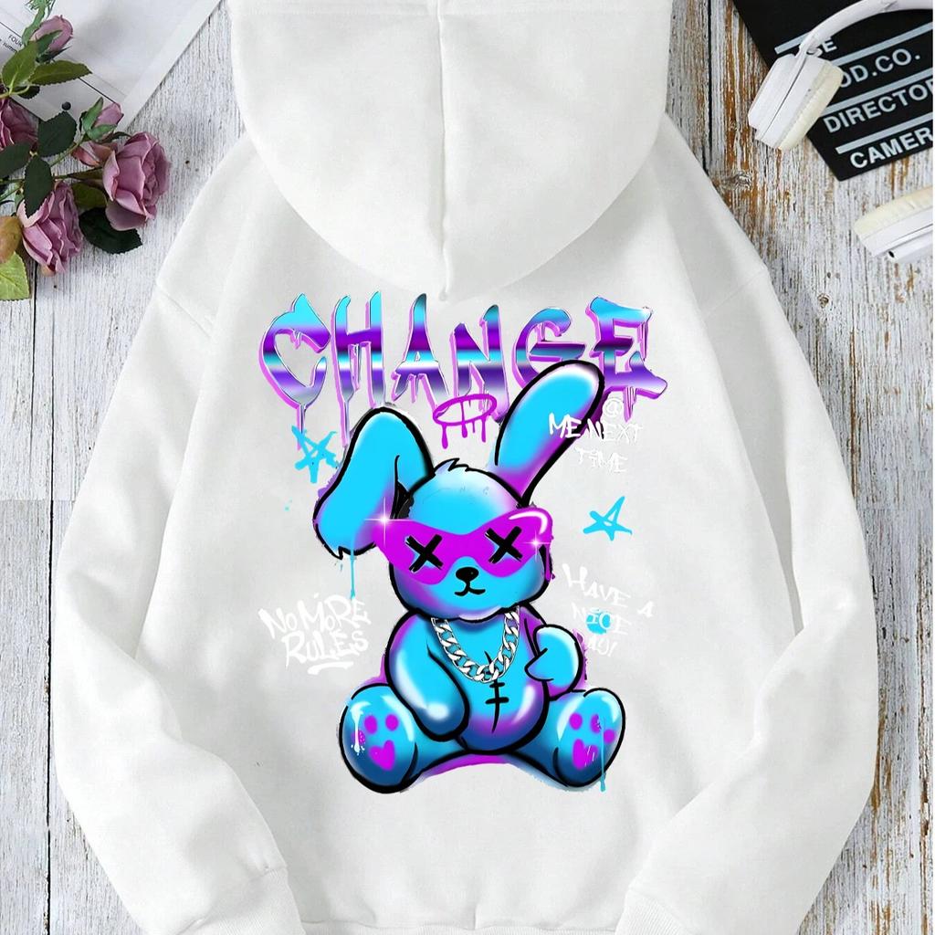 Модный свитшот с принтом в виде кролика и мультфильмов, женская мода, универсальная уличная толстовка с круглым вырезом, повседневные толстовки с капюшоном, пуловер, одежда больших размеров
