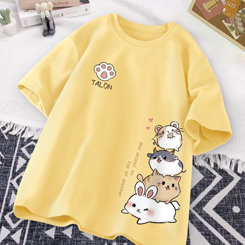 Japanese Cute Hamster Style Sweet Print Daily Wear Short Sleeve T-shirt Women's Loose Casual Teenage Student Half Sleeve Top