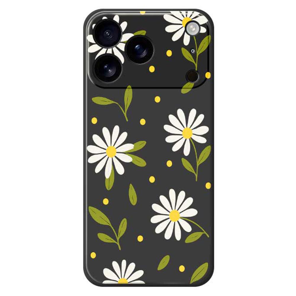 For iPhone 17 Pro Case White Flowers Green Leaves Pattern Printing Straight Edge TPU Phone Back Cover