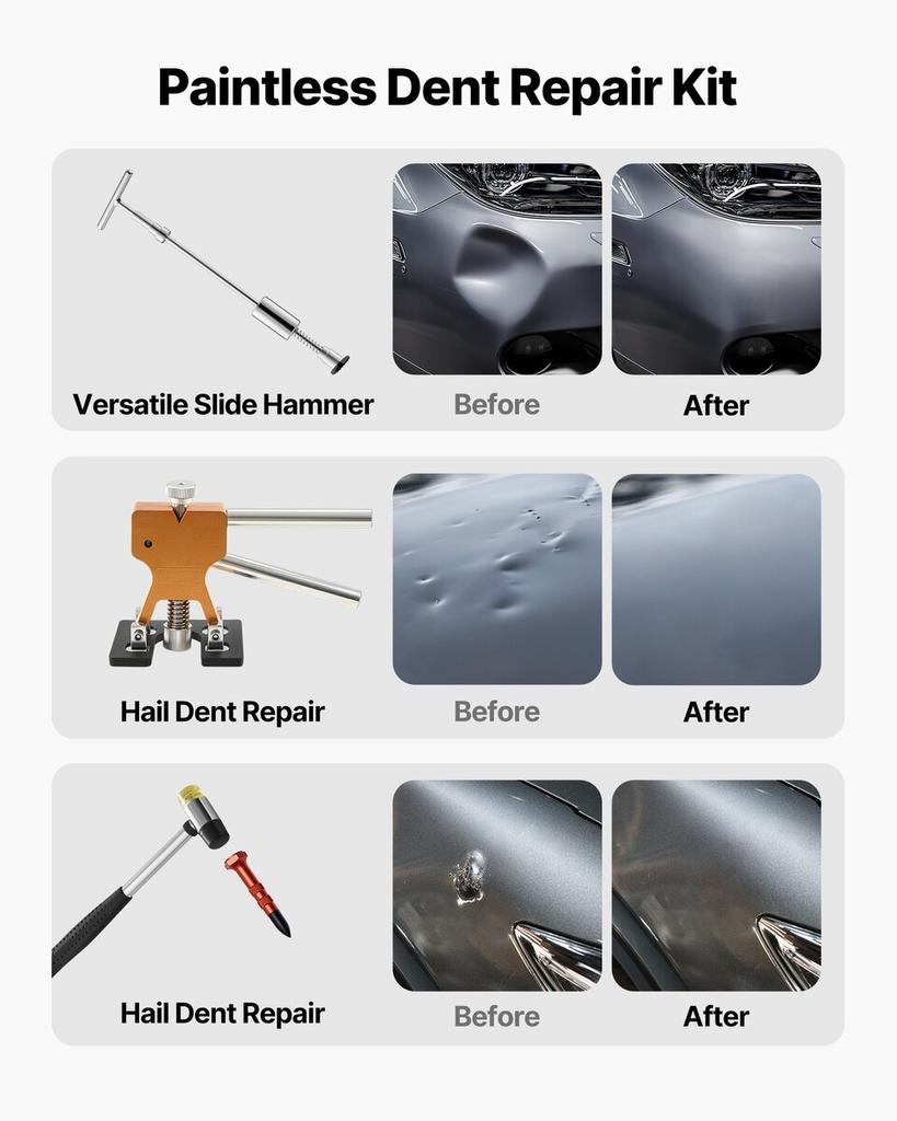 Dent Puller Kit, 61 PCS Paintless Dent Removal Kit with Golden Lifter, Slide Hammer T-Bar, Glue Gun, Auto Body Hail Damage Repair Remover Tools for
