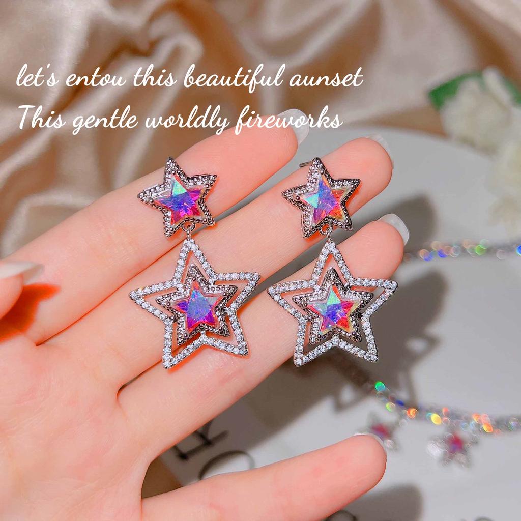 Aurora Series Aurora Pink Zircon Star Fairy Wind Necklace, Light Luxury Super Fairy Small Fragrant Wind Five-Pointed Star Earrings Female