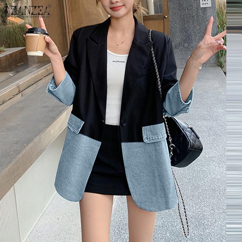 ZANZEA Женский повседневный кардиган-блейзер с длинными рукавами и лацканами с острыми углами, тонкий, в стиле пэчворк