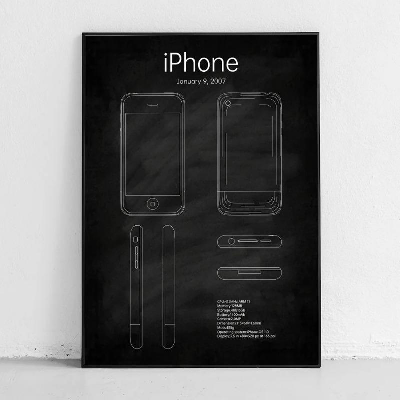 Постер-чертеж первого iPhone, печать на холсте, iPhone в 2007 году, чертеж, настенный декор, современный магазин связи, настенное искусство для дома