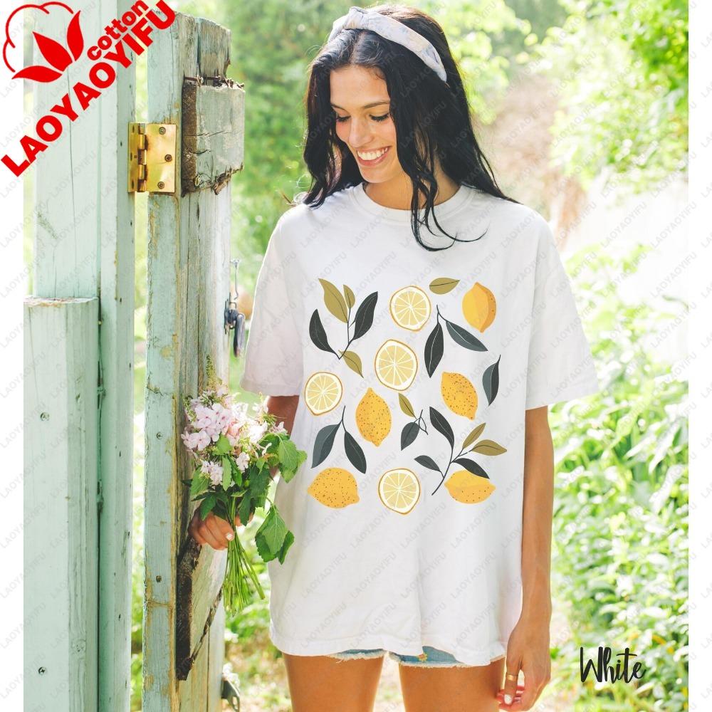 Lemon Print Tshirt Whimsical Citrus Botanical Tees Unisex Clothing Oversized Tops Camisetas