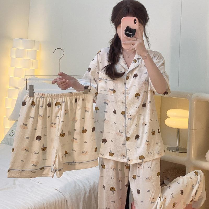 Летняя женская пижама, домашняя одежда, комплект из трех предметов, хлопковая пижама «Lazy Wind» с милым принтом медведя и щенка, свободный комплект домашней одежды