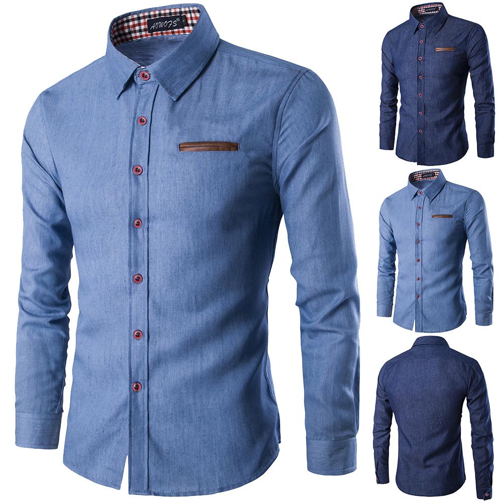Новые мужские джинсовые рубашки с длинным рукавом, мужская классическая рубашка, модная приталенная стильная темно-синяя джинсовая мужская рубашка, рубашка с длинными рукавами для мужчин
