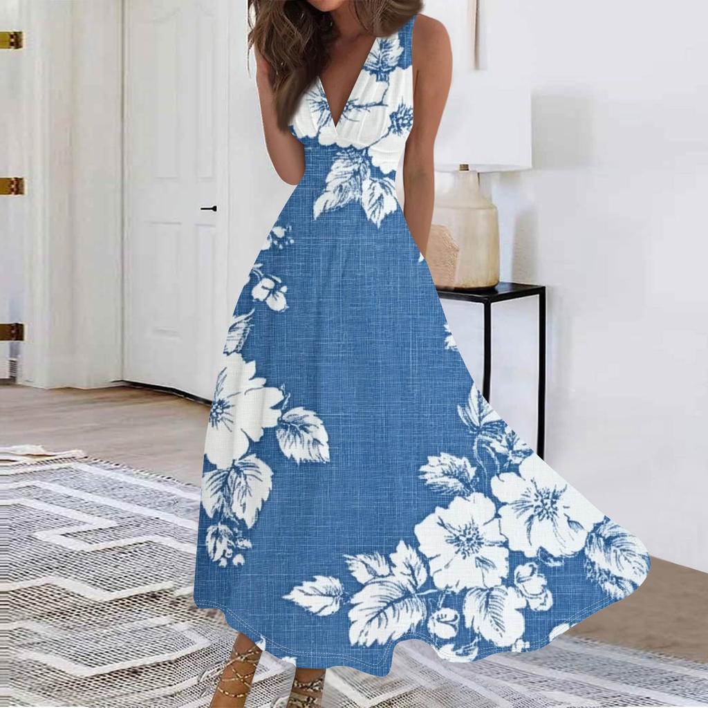 Женские модные повседневные свободные платья с V-образным вырезом без рукавов с принтом