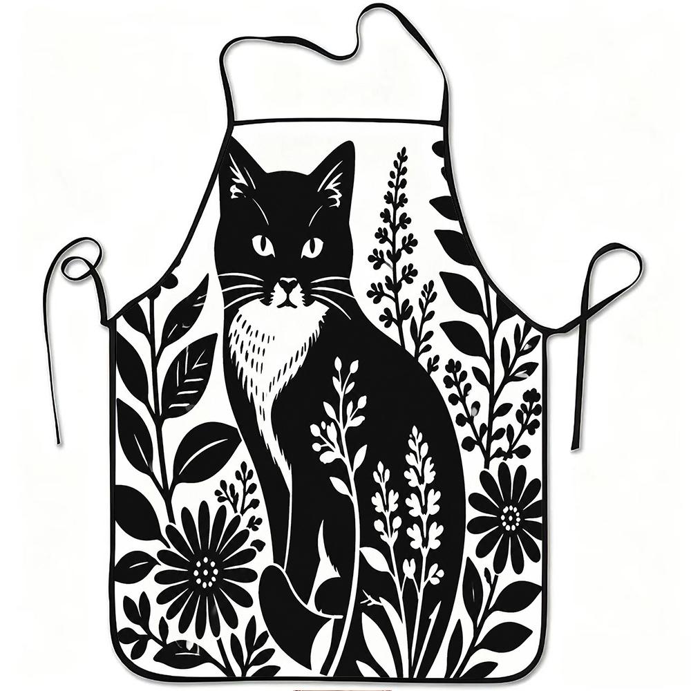 1pc Black Cat Floral Pattern Print Apron, Durable And Easy to Clean, Adjustable Waistband, Polyester Material, for Kitchen Cooking, Gardening, Orchard