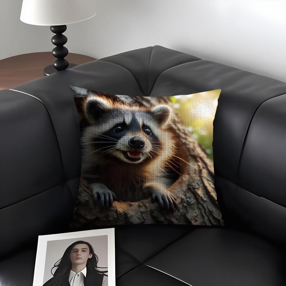 Raccoon Cute Cushion Cover Natural Linen Organic Fabric DoubleSided Printing Sofa Home Decor Gift Pillow Case