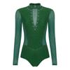 Womens Gymnastics Figure Skating Leotard Long Sleeve Sheer Mesh Sparkle Rhinestone Bodysuit
