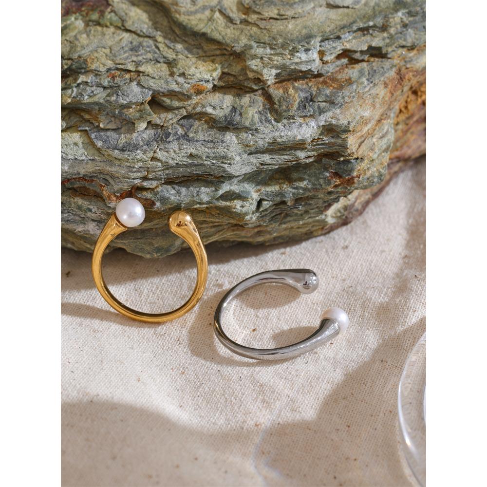 Yhpup Chic Stainless Steel Natural Pearl Open Thin Ring for Women High Quality Charm Fashion Finger Jewelry Accessories