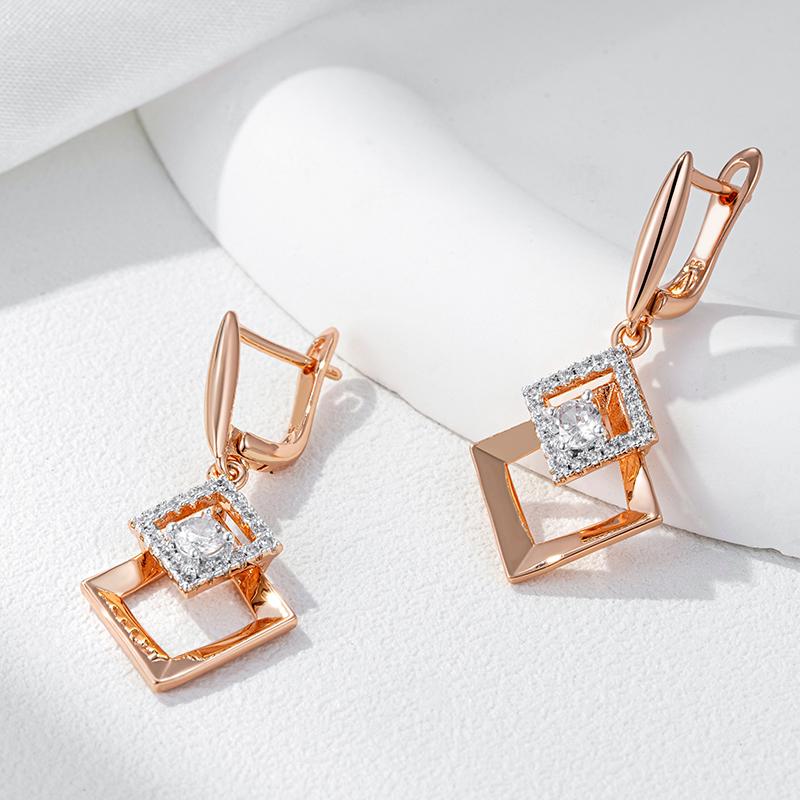 Double Square Smooth Gold Color Inlay Silver Plated Zircon English Lock Dangle Earrings Luxury Women Geometric Jewelry