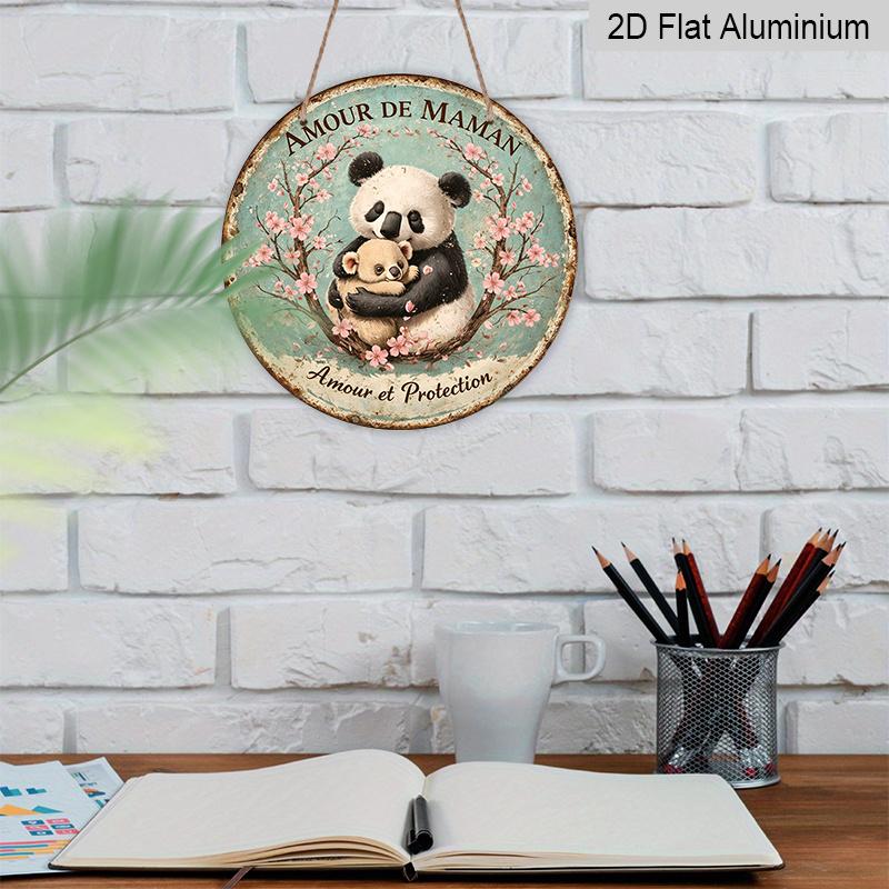 2D Flat, 1pc Round Aluminum Hanging Sign - "Amour de Maman" French Quote Panda & Baby Bear Metal Wall Art, Vintage Cherry Blossom Design-Maternal