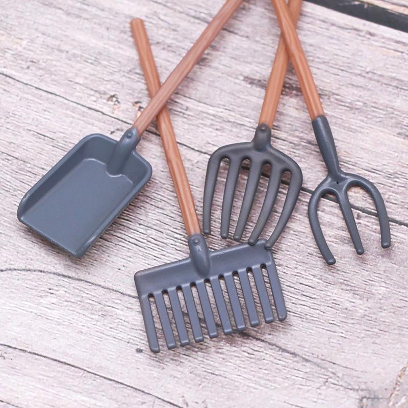 4Pcs 1:12 Gardening Tools Shovel Rake Hoes Model Farm Decor Toy Dollhouse Miniature Accessories