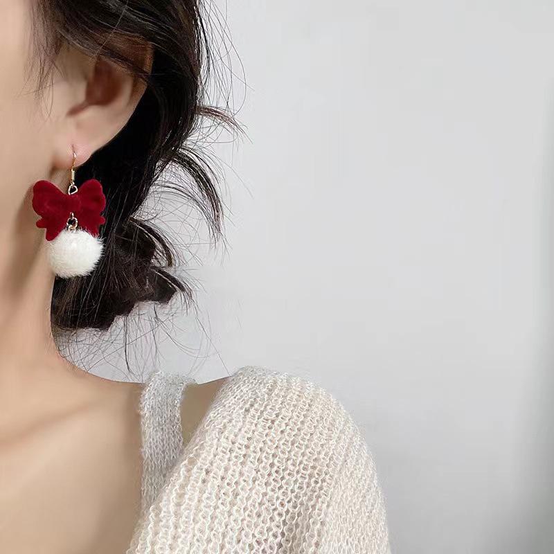 Серьги-бантики из красной флокированной ткани, темпераментные серьги с длинными бахромой в виде сладких цветов