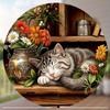 Hisun Tin Sign Vintage Sleeping Tabby Cat  Flowers Round Tin Sign Retro Cozy Cottagecore Themed Metal Wall Art Plaque Waterproof Rustic Iron