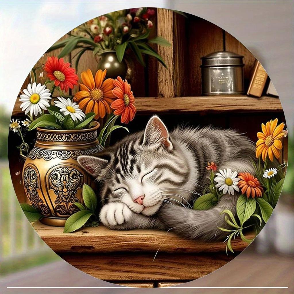 Hisun Tin Sign Vintage Sleeping Tabby Cat Flowers Round Tin Sign Retro Cozy Cottagecore Themed Metal Wall Art Plaque Waterproof Rustic Iron