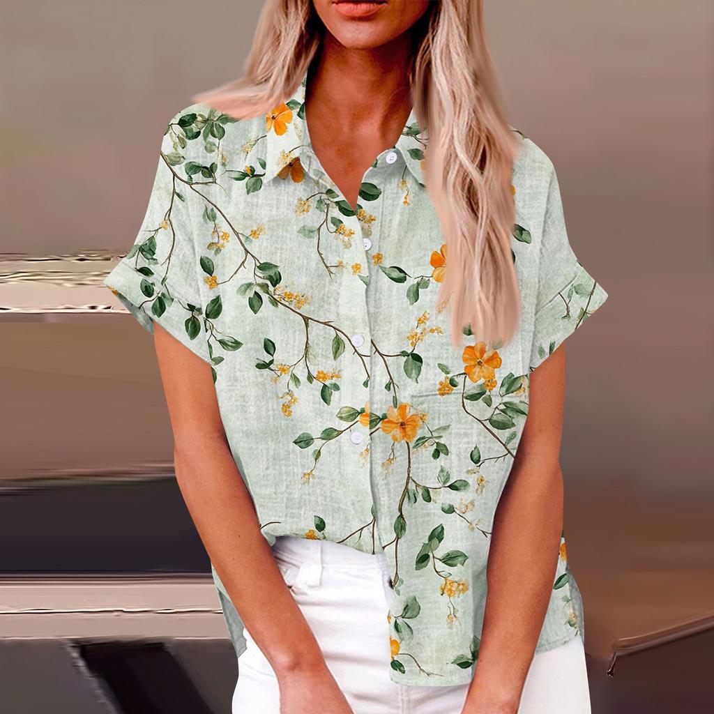 Женская модная свободная повседневная рубашка с коротким рукавом и отворотом на пуговицах, футболка с принтом, топ