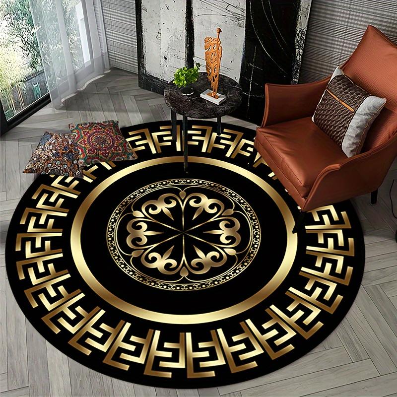 Black & Gold Circular Pattern Round Area Rug, Modern Non-Slip Indoor Floor Mat, Soft Comfort Carpet for Bedroom Living Room