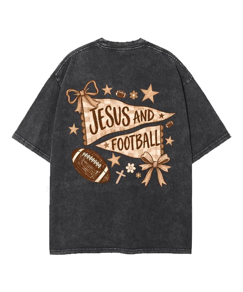 Jesus And Football Banner Graphic Back Print Vintage Washed T‑Shirt Unisex Oversized Short Sleeve Fashion Streetwear Casual Tops