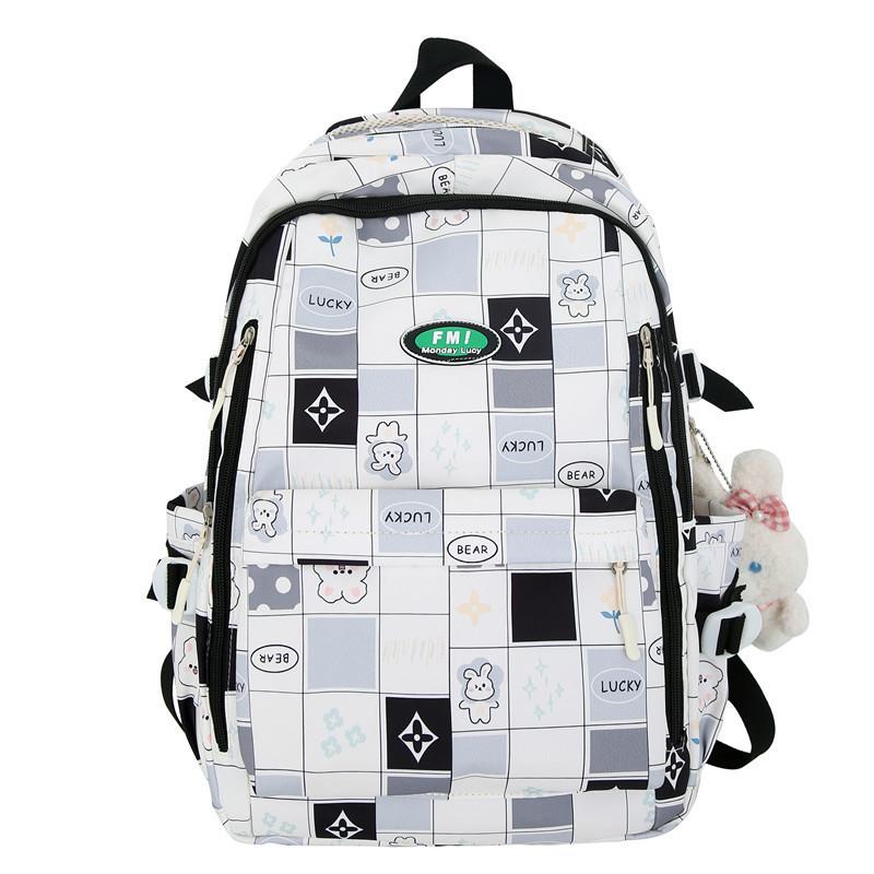 Ins Style Girls' Nylon Large Capacity Backpack For School Students Cartoon Cute Flower Pattern Grid Element